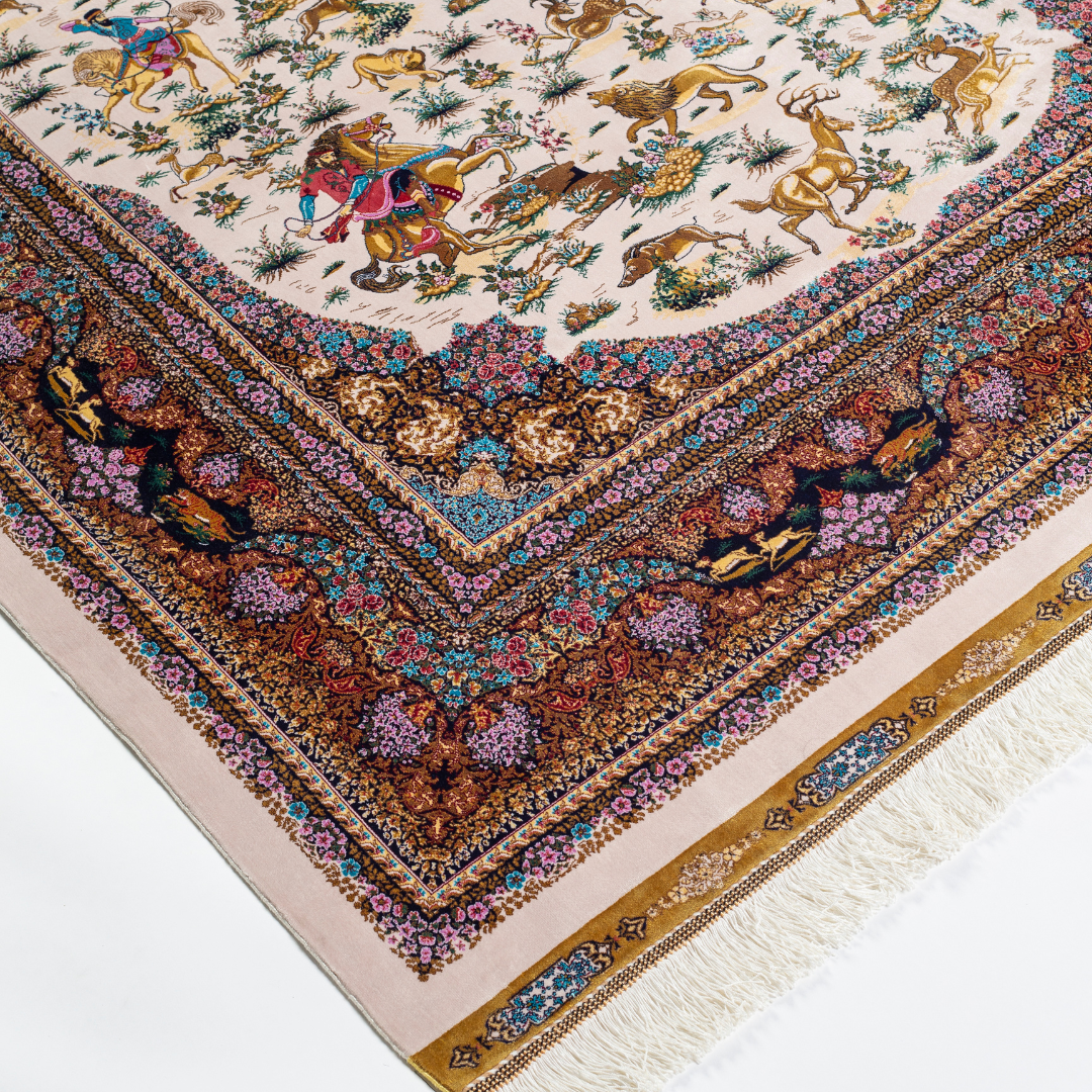 Silk rug with an ivory base, colorful warriors scene, and a detailed border in plum, gold, teal, and indigo floral patterns.