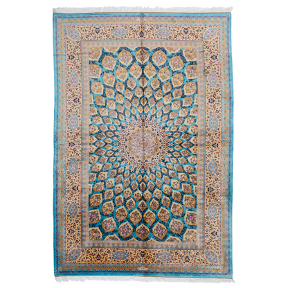 Luxurious 200x300 cm silk rug featuring a radiant blue and gold medallion design with intricate floral and geometric detailing.
