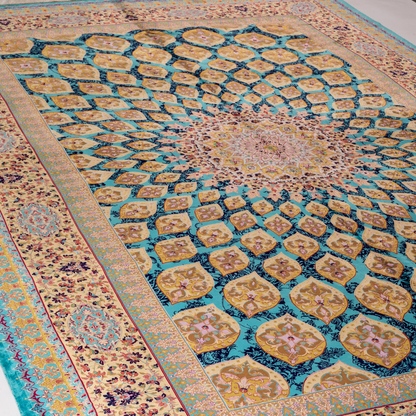 Luxurious 200x300 cm silk rug featuring a radiant blue and gold medallion design with intricate floral and geometric detailing.