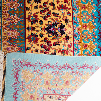 Luxurious 200x300 cm silk rug featuring a radiant blue and gold medallion design with intricate floral and geometric detailing.