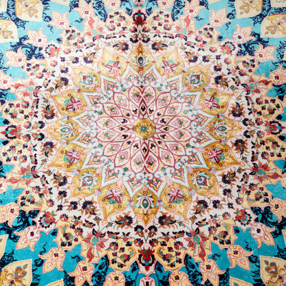 Luxurious 200x300 cm silk rug featuring a radiant blue and gold medallion design with intricate floral and geometric detailing.