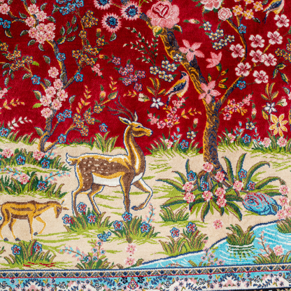 Ardena silk rug in 150x100 cm with beige base, bird and floral motifs, and intricate multicolor detailing.