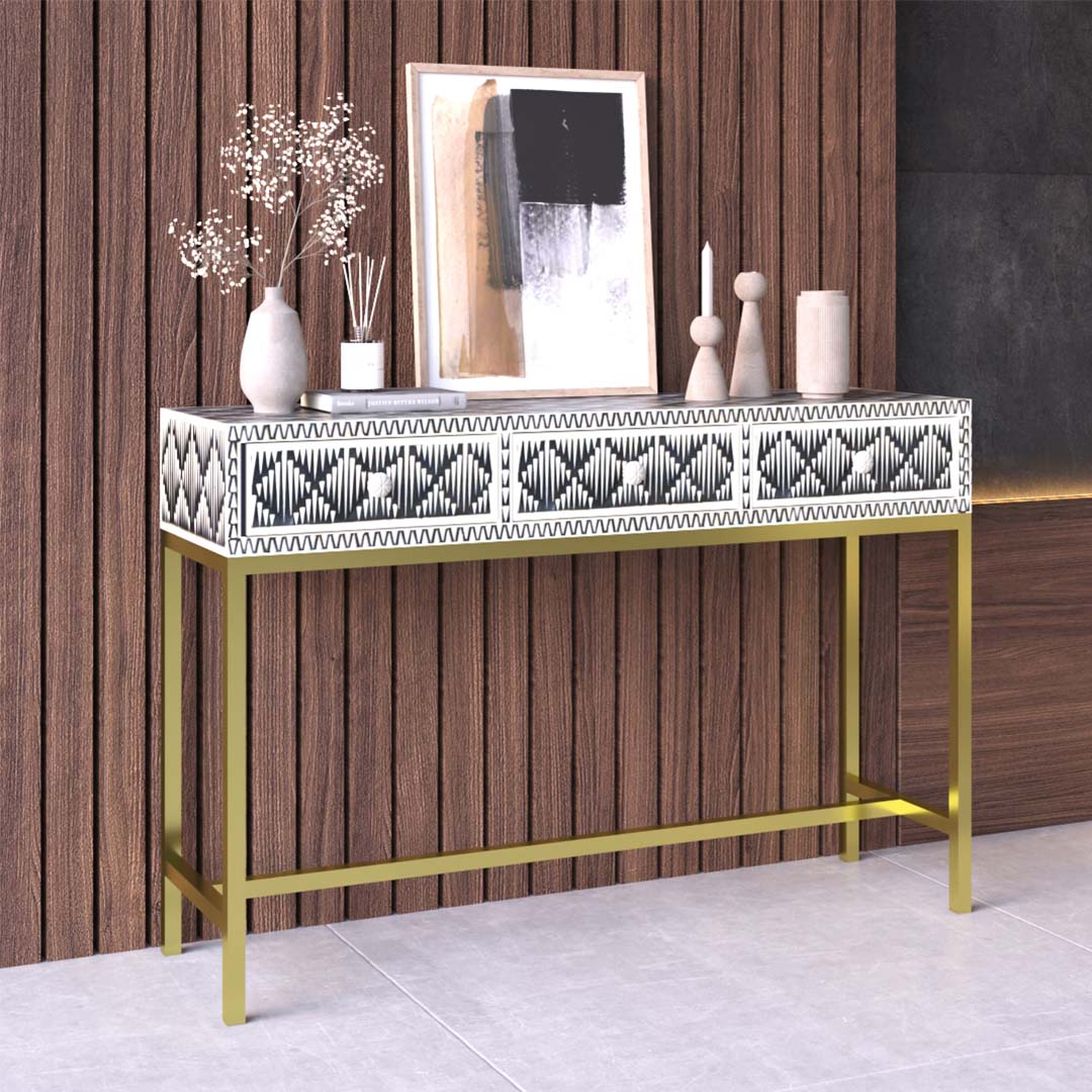 black and white Skye mini dresser console in bone inlay by arkrn homes