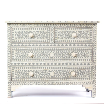 grey chest of drawers in grey and white bone inlay with bone knobs