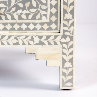 grey chest of drawers in grey and white bone inlay with bone knobs