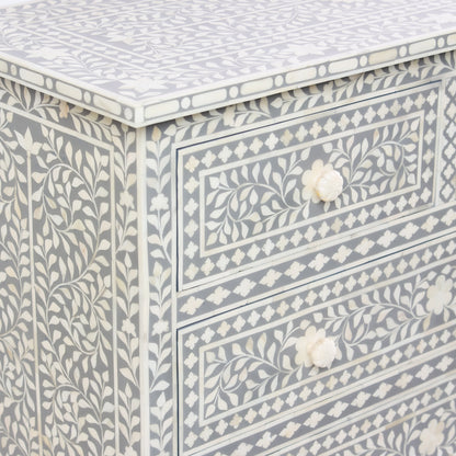 grey chest of drawers in grey and white bone inlay with bone knobs
