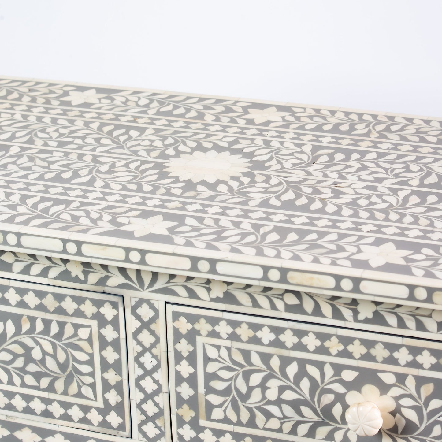 grey chest of drawers in grey and white bone inlay by arkrn homes
