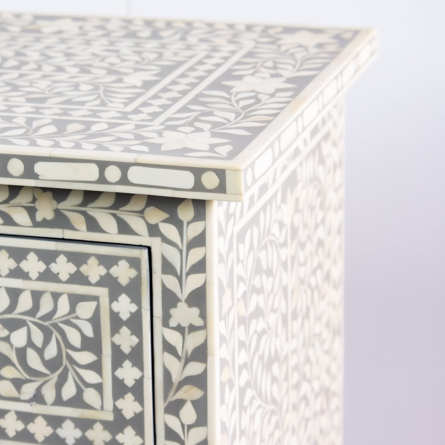 grey chest of drawers in grey and white bone inlay by arkrn homes
