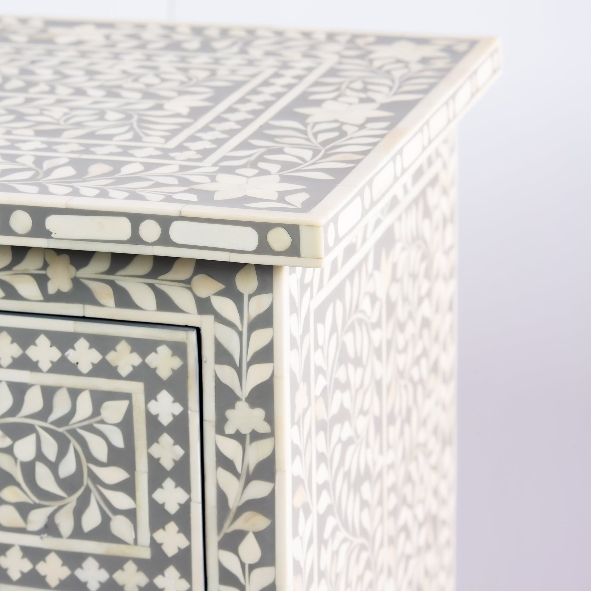 grey chest of drawers in grey and white bone inlay by arkrn homes